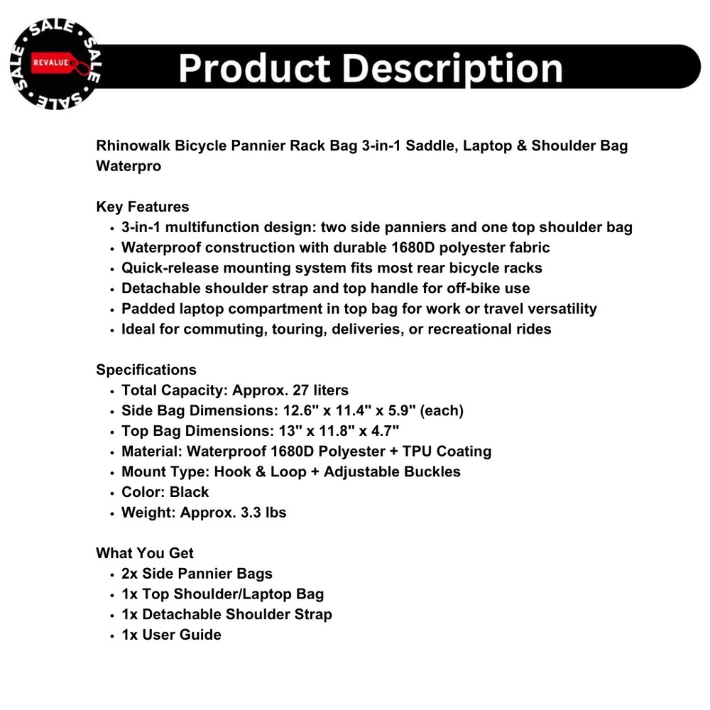 Rhinowalk Bicycle Pannier Rack Bag 3-in-1 Saddle, Laptop & Shoulder Bag Waterpro - Picture 2 of 14